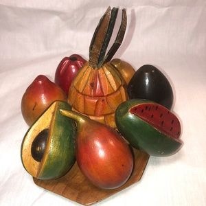 Vintage 1970s Hand Carved Wooden Fruit. On Tray.  Vibrant colors.